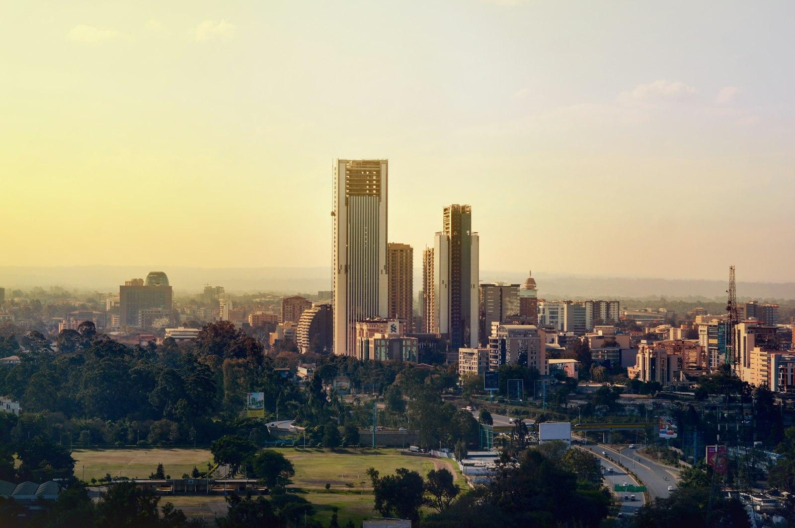City skyline at dusk with new buildings